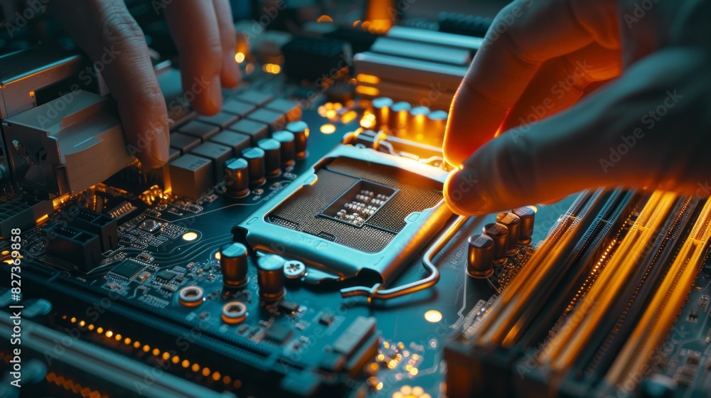Poster a person is working on a computer motherboard
