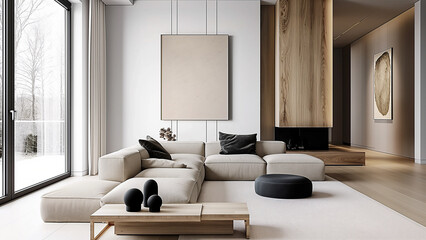 Cool living room with modern decor. Real estate, villa, minimalist room, sofa, copy space, mock-up