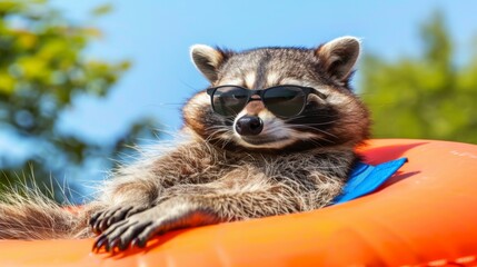Sunglasses-wearing raccoon lounging on an orange float