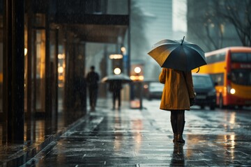 Obraz premium Solitary Figure With Umbrella In Rain, Cityscape Glow In The Background. Generative AI