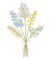Bunch wildflowers and herbs. Floral meadow bouquet, tied with ribbon. Vector illustration of wild plants for design projects
