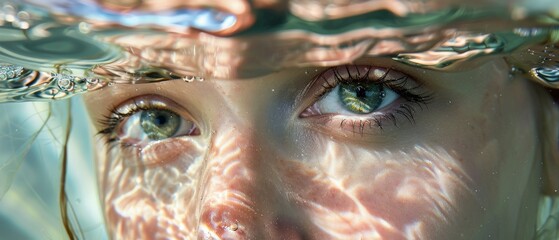 The photo shows a close-up of a woman's face underwater. Her eyes are open and looking at the camera. The water is clear and has a greenish-blue tint.