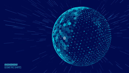 Geometric Dome Shield on a Dark Background. Futuristic Glowing Protection 3D Sphere. Technology Style HUD Design Element. Hexagon Force Field Shield. Vector Illustration. Digital Security Concept. © ec0de