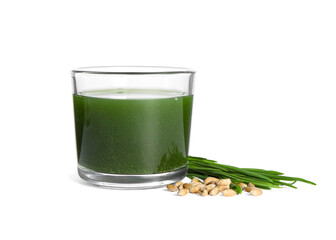 Wheat grass drink in glass, seeds and fresh green sprouts isolated on white