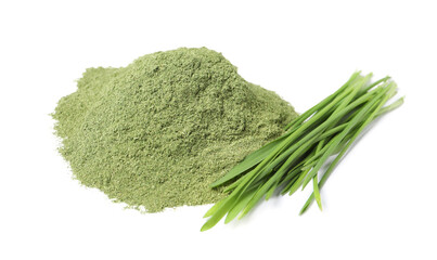 Pile of wheat grass powder and fresh sprouts isolated on white