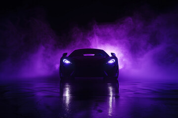 Silhouette front view of a black sports car in a foggy-toned background with glowing purple lights in low light