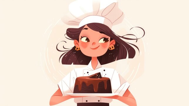 A delightful baker dressed in her professional uniform and chef hat proudly presents a decadent chocolate cake on a plate This cheerful scene is brought to life through a charming cartoon ch