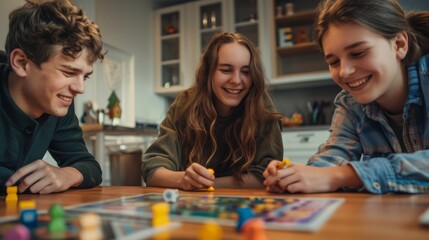 Fototapeta premium Three people are playing a board game together in a kitchen