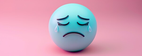 crying emoji on a soft pink background with space for copy The emoji is light blue with tears streaming down its face