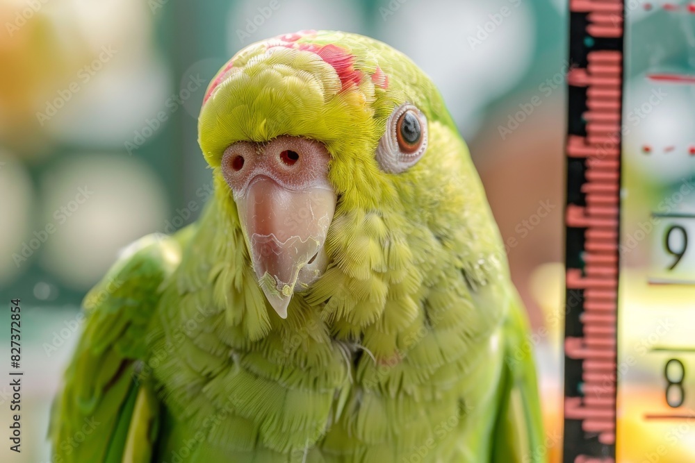 Poster A sharp image capturing the vibrant green feathers and striking red forehead of a parrot, showcasing its detail