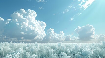 A field of flowers in full bloom under a blue sky and white clouds