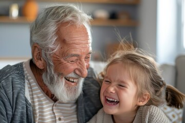 A heartwarming image of a white-haired elderly man sharing a joyful laugh with a little girl