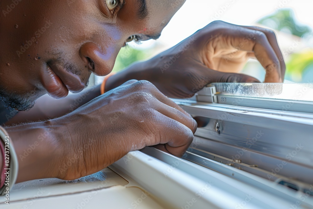 Poster close-up of hands working on assembling or fixing a white window frame, illustrating detail-oriented