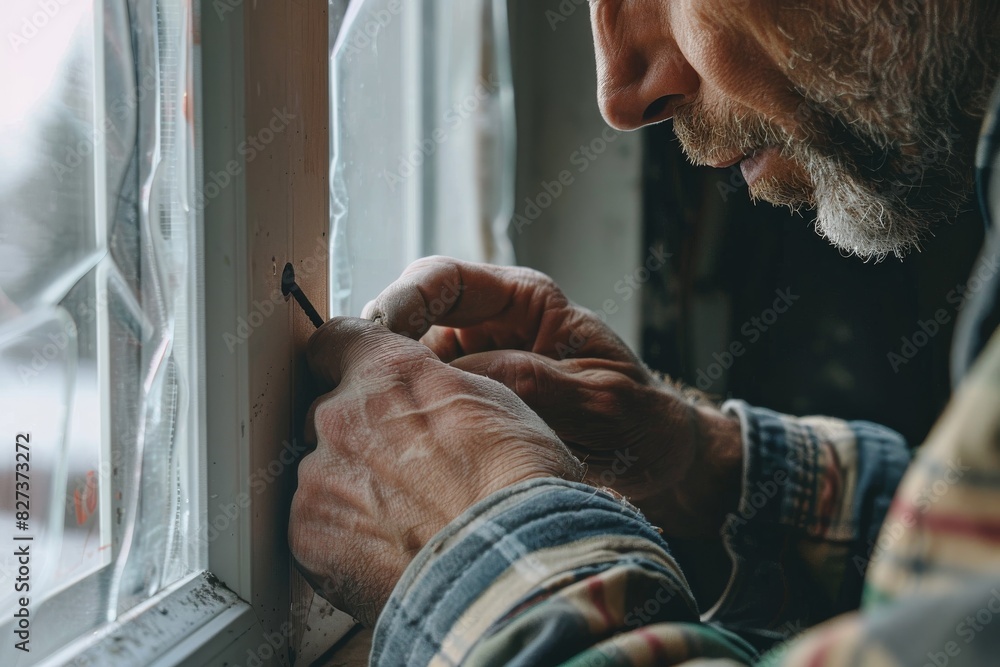 Poster a detailed image of hands applying sealant to secure a window, showcasing manual work and precision
