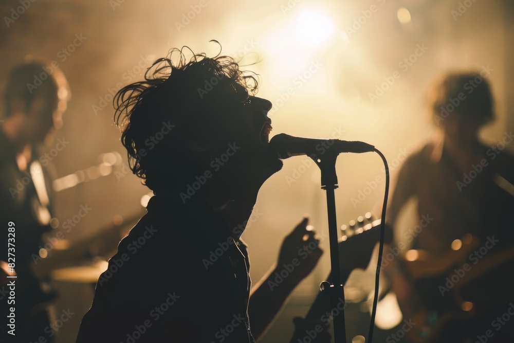 Aufkleber a silhouette of a singer at a microphone with band members and stage lights in the background, captu