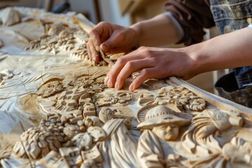 An artisan's hands meticulously carving details into a wooden relief, showcasing art and craftsmanship