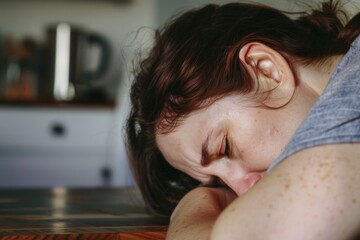 Intimate close-up of a person with their head resting on their arm, highlighting a sense of rest or contemplation