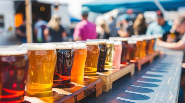A beer flight on a table at a lively beer festival, with people sampling different brews and food trucks visible in the background. The flight features a range of styles, from pilsners to porters