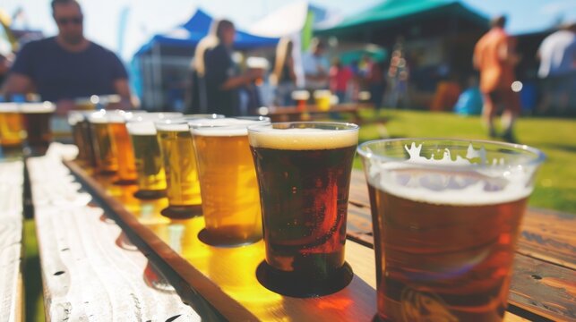 A beer flight on a table at a lively beer festival, with people sampling different brews and food trucks visible in the background. The flight features a range of styles, from pilsners to porters