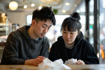 Naklejka premium A couple engages in the art of paper folding, creating origami structures with concentration