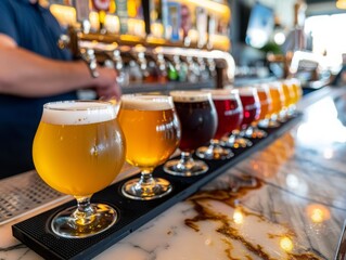 A flight of craft beers served on a bar counter, with the bartender in the background pouring a fresh pint. Each beer in the flight has a distinct color and foam head, ready for tasting - Powered by Adobe