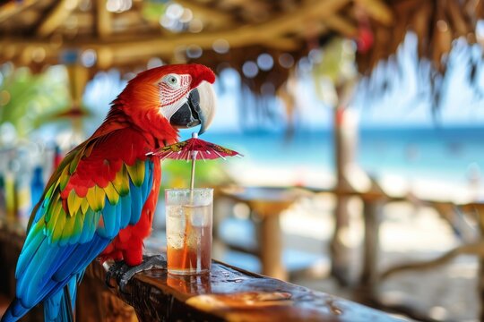 A vibrant parrot holds a small cocktail umbrella by a refreshing drink on a bar in a tropical setting