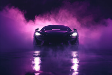 Silhouette front view of a black sports car in a foggy-toned background with glowing purple lights in low light