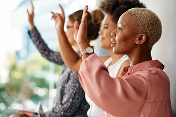 Business people, audience and hands up for meeting question or corporate teamwork, seminar or vote....