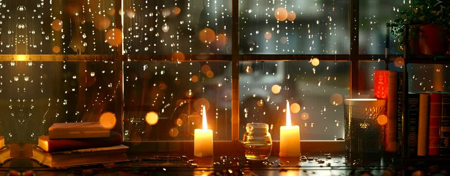 Rain falling on the window, flowing raindrops, candles, the comfortable sound of rain ASMR, books, cozy cafes and study rooms. Seamless looping time-lapse virtual 4k video animation background