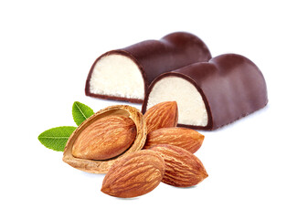 Closeup shot of cut marzipan chocolate on white background. Marzipan candy.