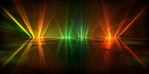 empty stage with Abstract light beams in red, yellow, and green on a dark reflective surface creating a futuristic and dynamic visual effect, empty room with spotlight, banner