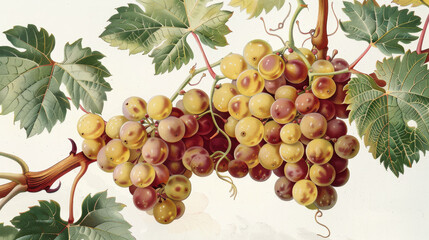 Obraz premium Antique botanical print of a bunch of grapes with detailed leaves.academy, aesthetic,isolated on white background, old botanical illustration