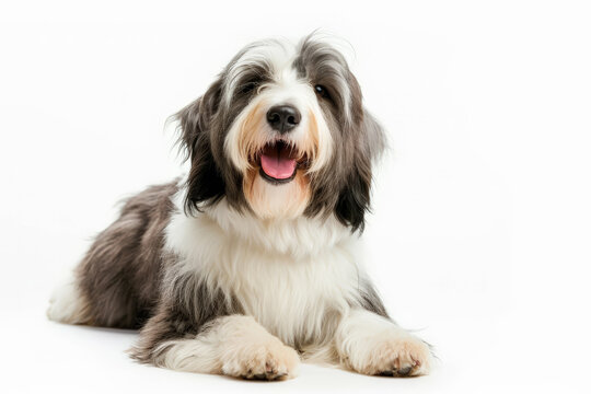 Hermoso y adorable perro boltail grande tumbado sobre sus cuatro patas,  sobre fondo blanco