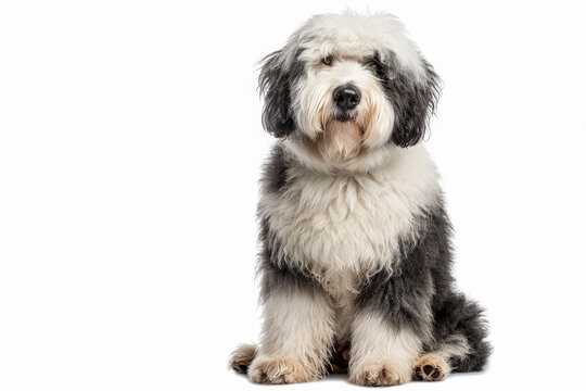 Hermoso y adorable perro grande Boltail sentado sobre fondo blanco