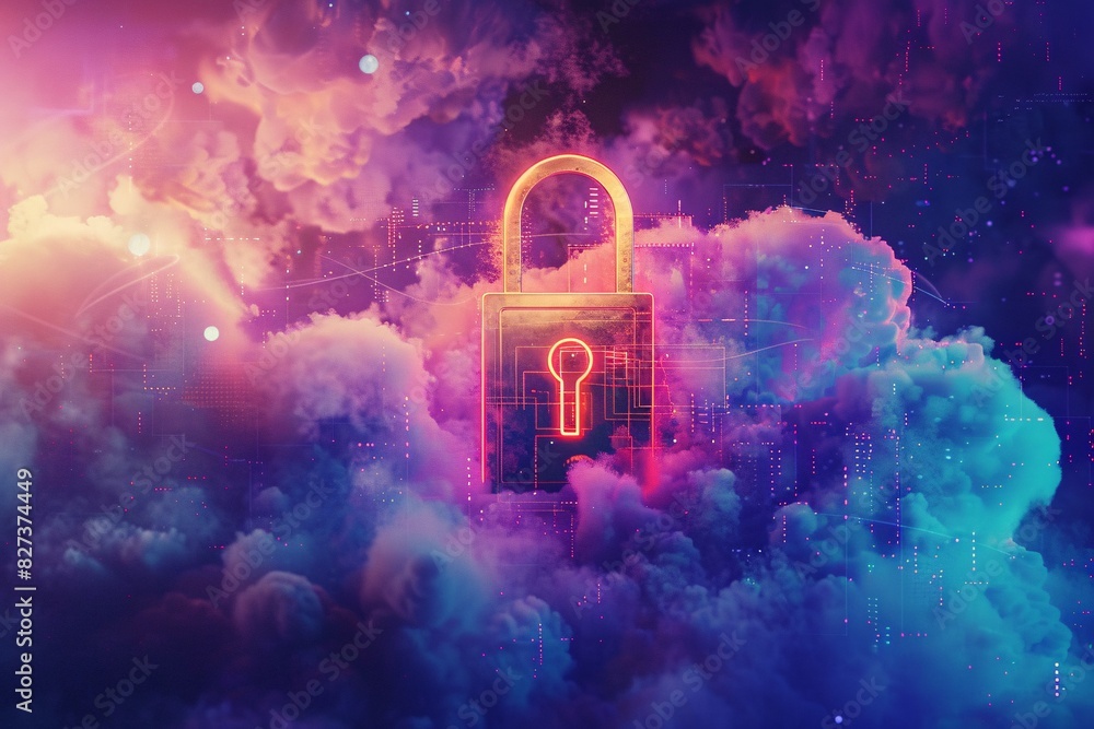 Poster cybersecurity concept: a padlock surrounded by digital elements and clouds