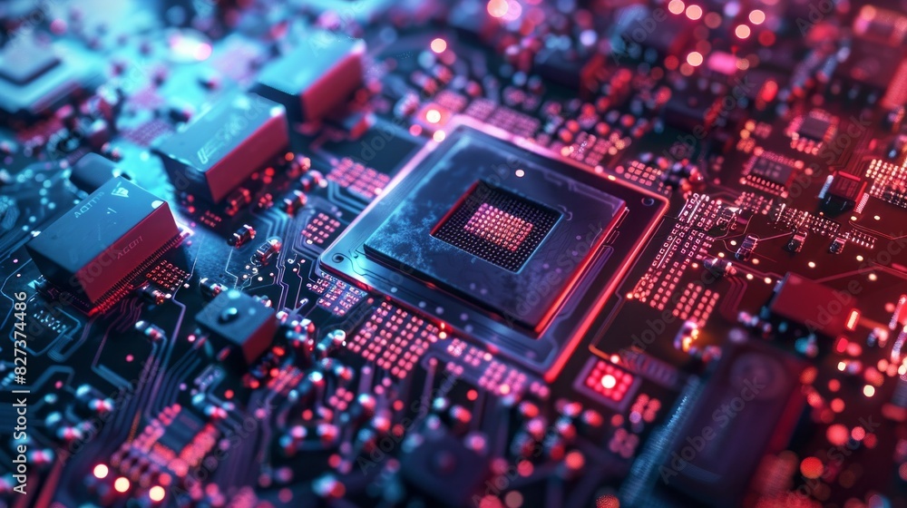 Poster A close up of a computer chip with a red and blue background