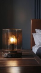 Modern Bedside Lamp on Wooden Nightstand in Bedroom Interior