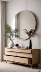 Modern Minimalist Wooden Dresser with Decorative Vase and Round Mirror in Elegant Interior Design