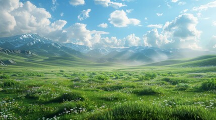 Fototapeta premium Alpine meadow in full bloom with snow capped mountains in the distance
