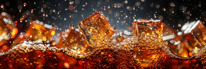 Close up of cold soda with ice cubes on a black background, Close-up of sparkling soda with ice cubes and bubbles creating a refreshing and invigorating beverage visual.banner

