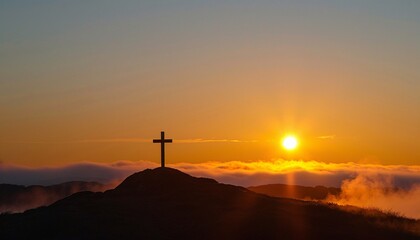 Sunset Silhouette of Cross on Hilltop