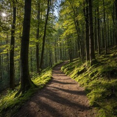 Obraz premium Sunlit Forest Path - Tranquil Nature Walk