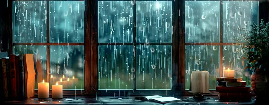 Rain falling on the window, flowing raindrops, candles, the comfortable sound of rain ASMR, books, cozy cafes and study rooms. Seamless looping time-lapse virtual 4k video animation background