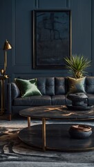 Modern Living Room Interior with Black Leather Sofa and Gold Accents