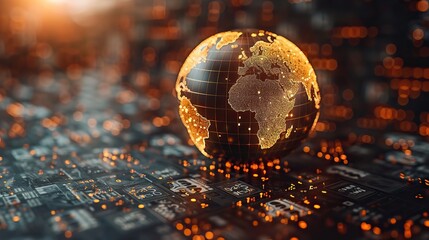 An abstract illustration of a globe surrounded by currency symbols, representing global finance.