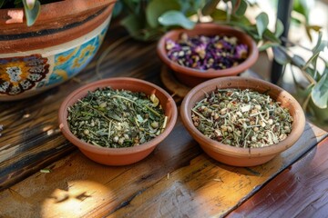 Assorted herbal tea ingredients displayed in terra cotta pots on a wooden table, with natural light
