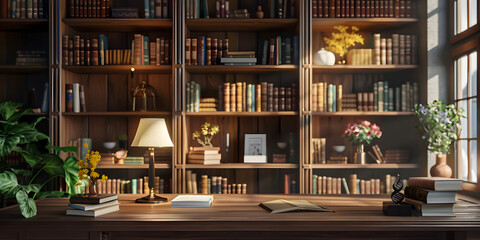 Library and shelves realistic photo with green leaves plants and books on the table desk with a lamp. - Powered by Adobe