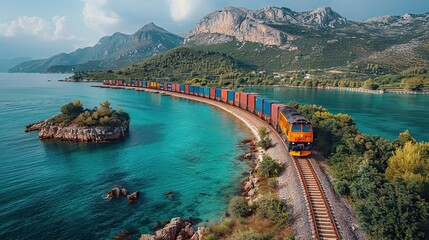 A train loaded with containers traveling through a scenic route, symbolizing eco-friendly logistics.