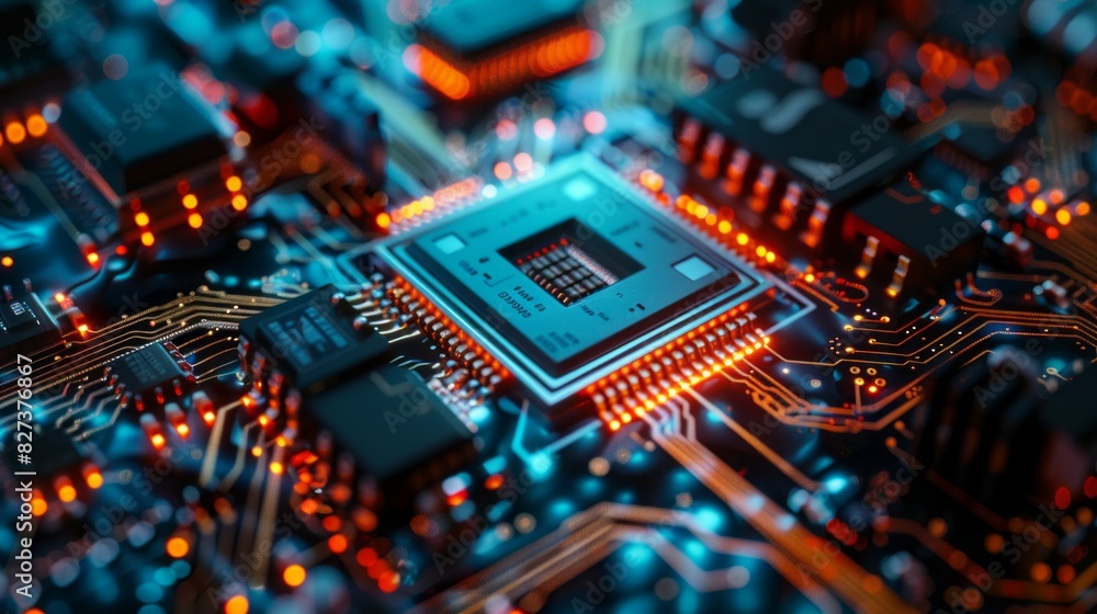 Poster A close up of a computer chip with many small lights on it