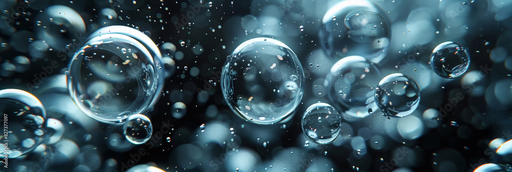 Poster floating water bubbles in dark background with sparkling reflections and bokeh effect creating a mes